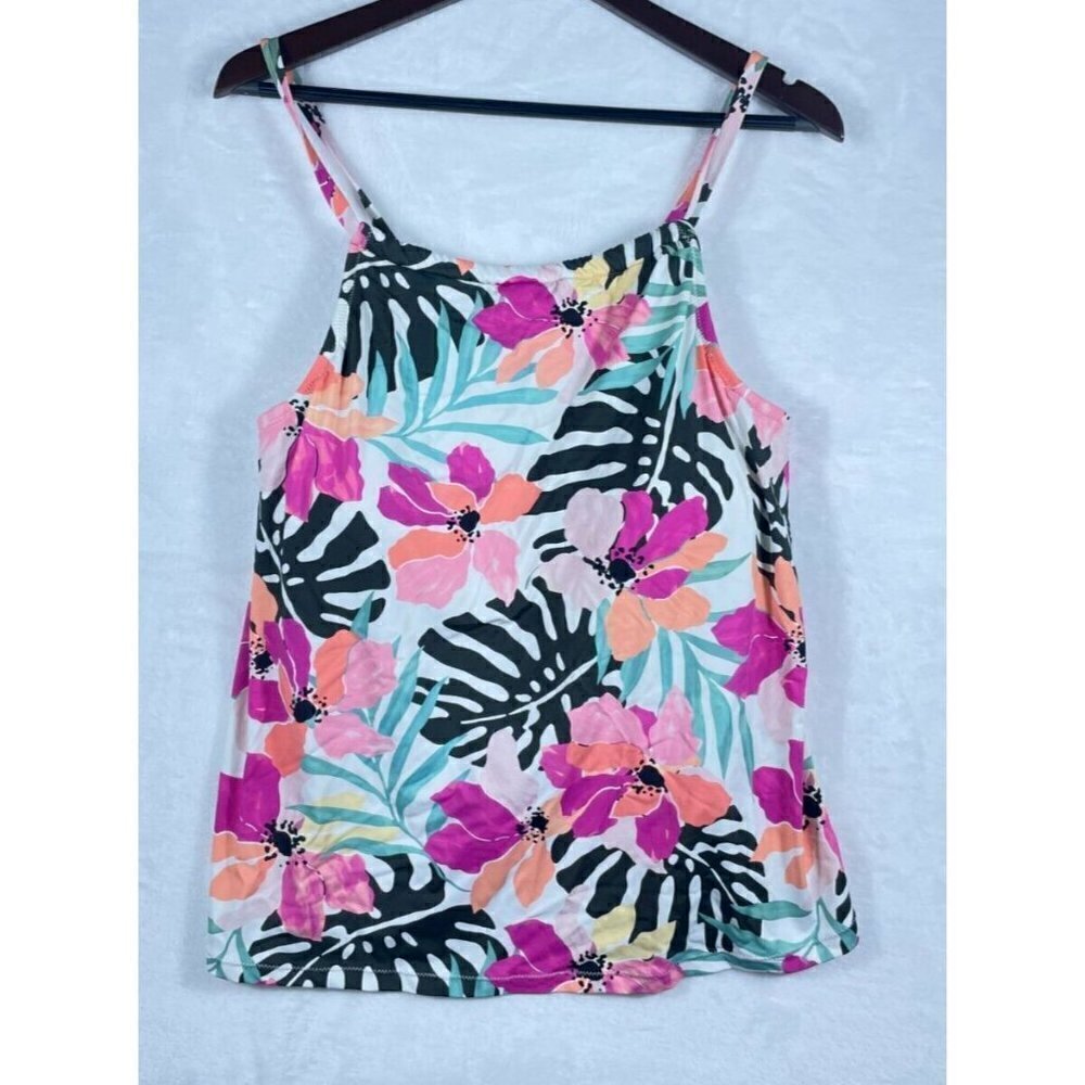 Leilani Plus Tankini Spaghetti Strap Swim Top 16W Tropical Print Palms Flowers